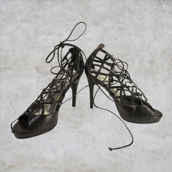 COLIN STUART -- Black Lace-Up Stiletto Heels, Ultra High, Platform, Rarely Worn - Picture 2 of 9